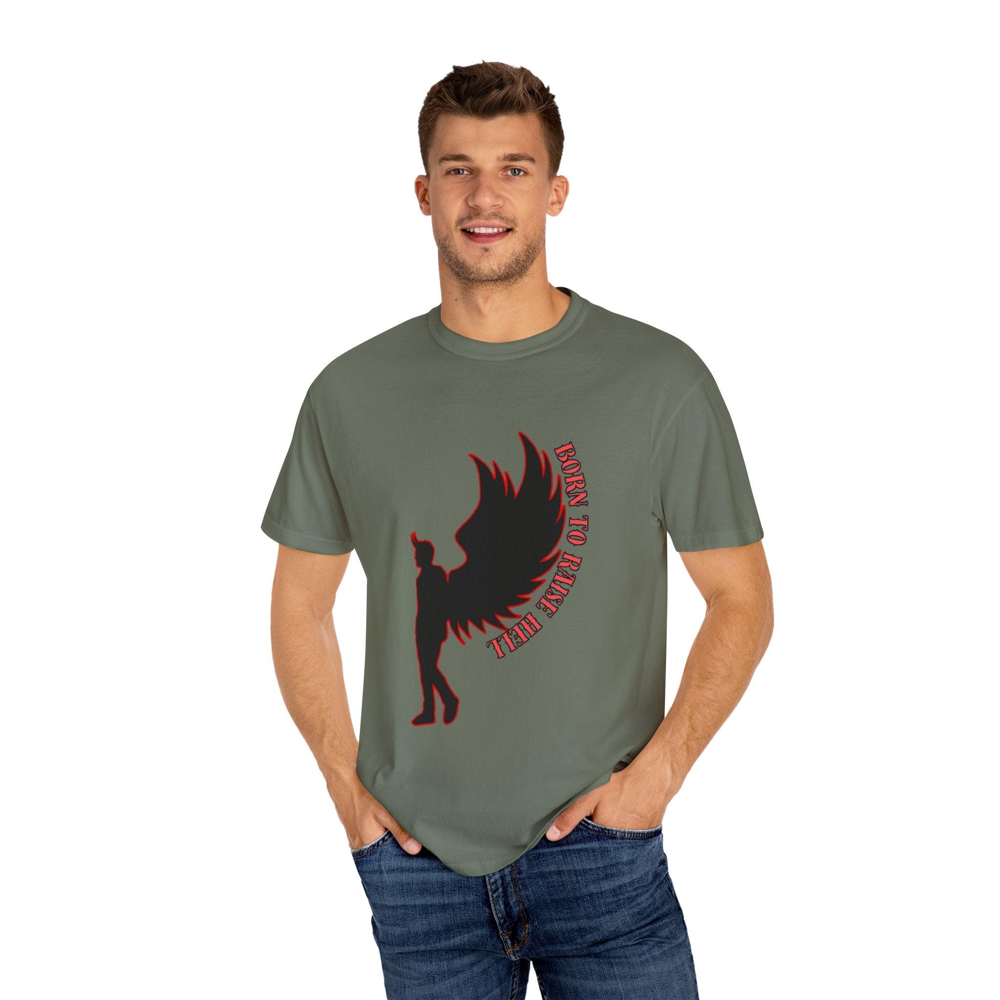 Devil Wings Unisex T-shirt - Born to Raise Hell Design Moss T-Shirt