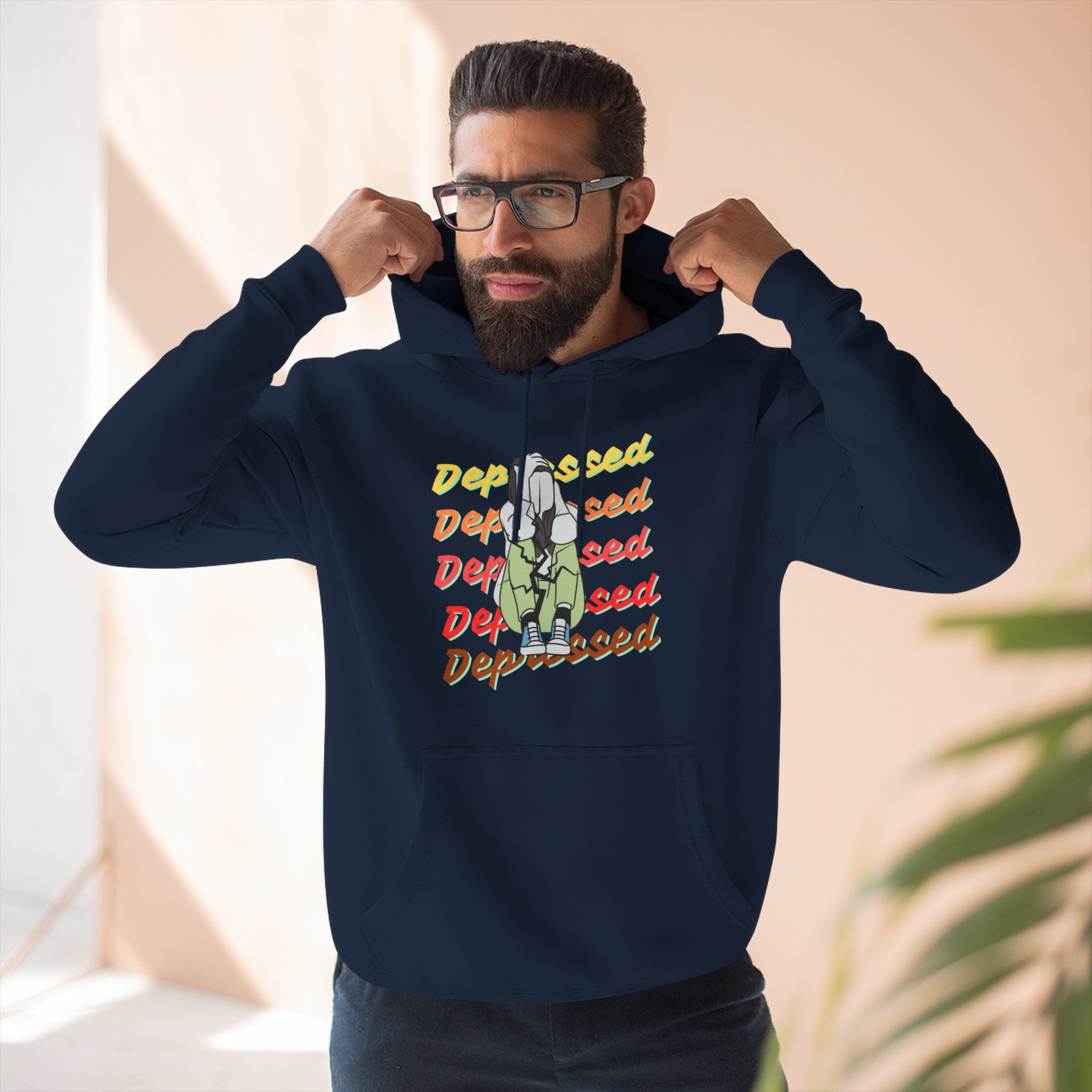 Depressed Vibe Three-Panel Fleece Hoodie, Casual Sweatshirt, Mental Health Awareness, Cozy Lounge Wear, Gift for Friends, Everyday Wear Navy Hoodie