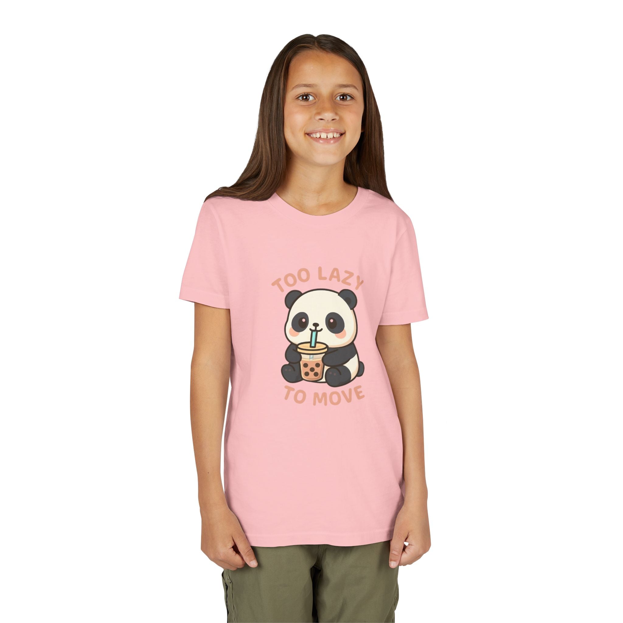 Cute Panda Youth Tee - "Too Lazy To Move" - Fun Casual Wear, Gift for Kids, Animal Lover Shirt, Birthday Present, Summer Outfit Pink Kids clothes