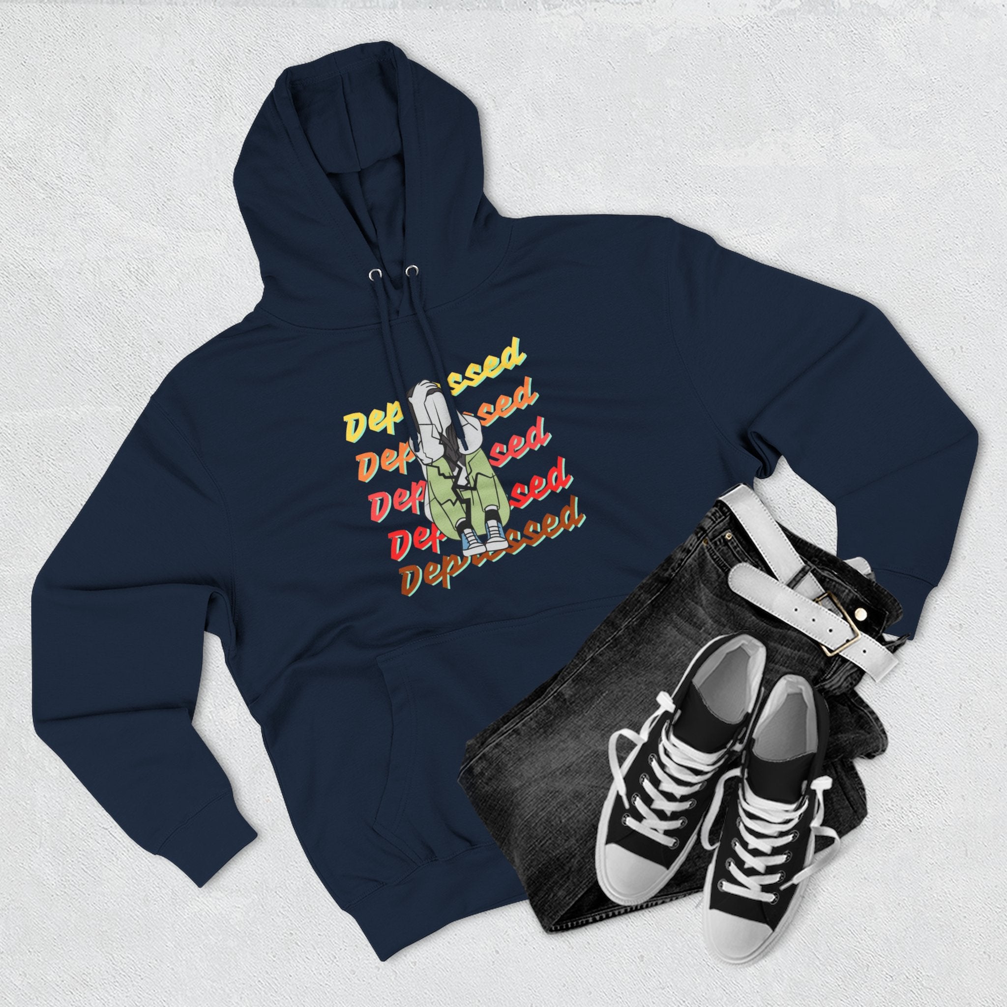 Depressed Vibe Three-Panel Fleece Hoodie, Casual Sweatshirt, Mental Health Awareness, Cozy Lounge Wear, Gift for Friends, Everyday Wear Navy Hoodie