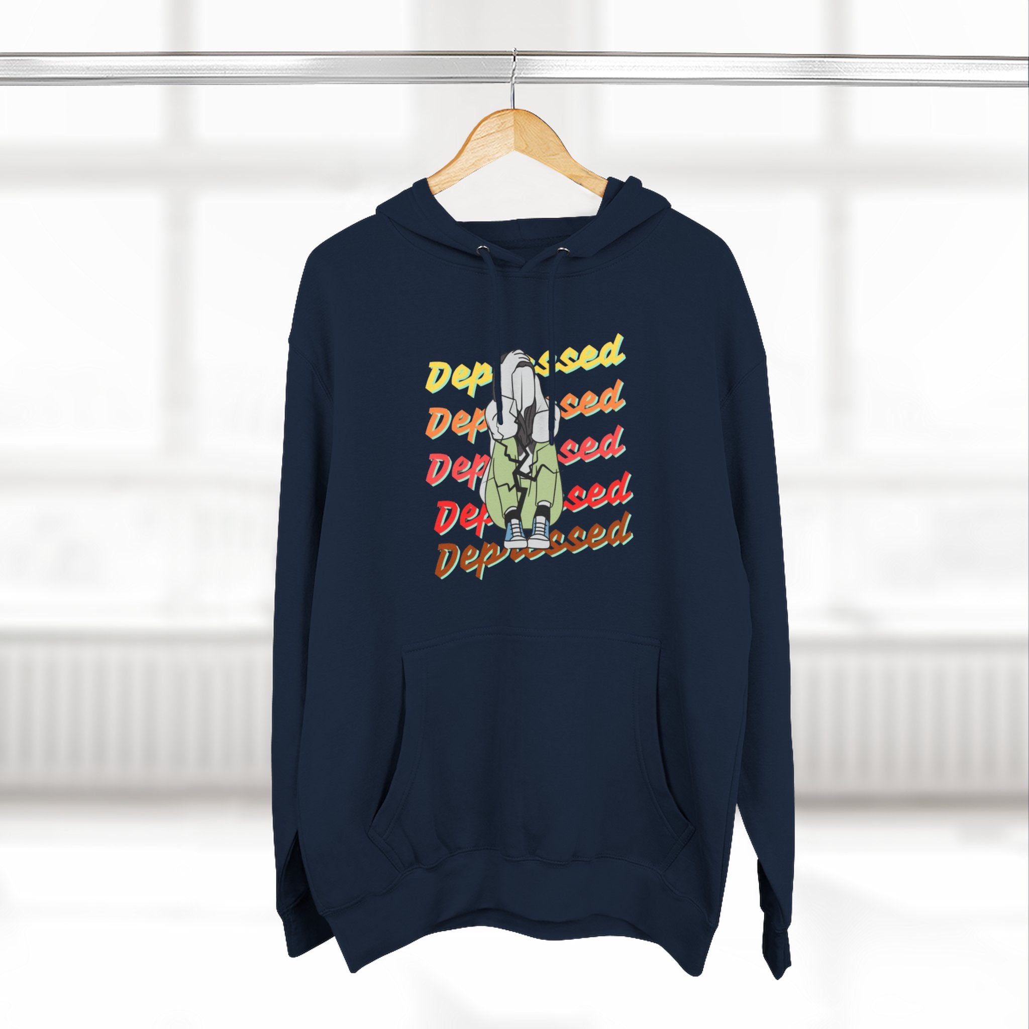 Depressed Vibe Three-Panel Fleece Hoodie, Casual Sweatshirt, Mental Health Awareness, Cozy Lounge Wear, Gift for Friends, Everyday Wear Navy Hoodie