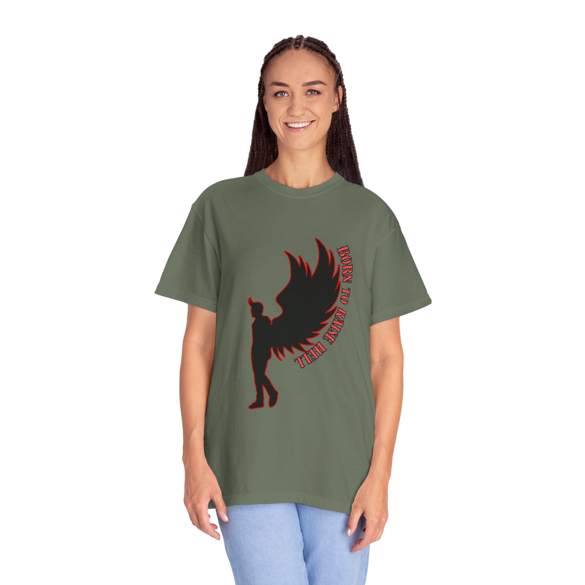 Devil Wings Unisex T-shirt - Born to Raise Hell Design Moss T-Shirt