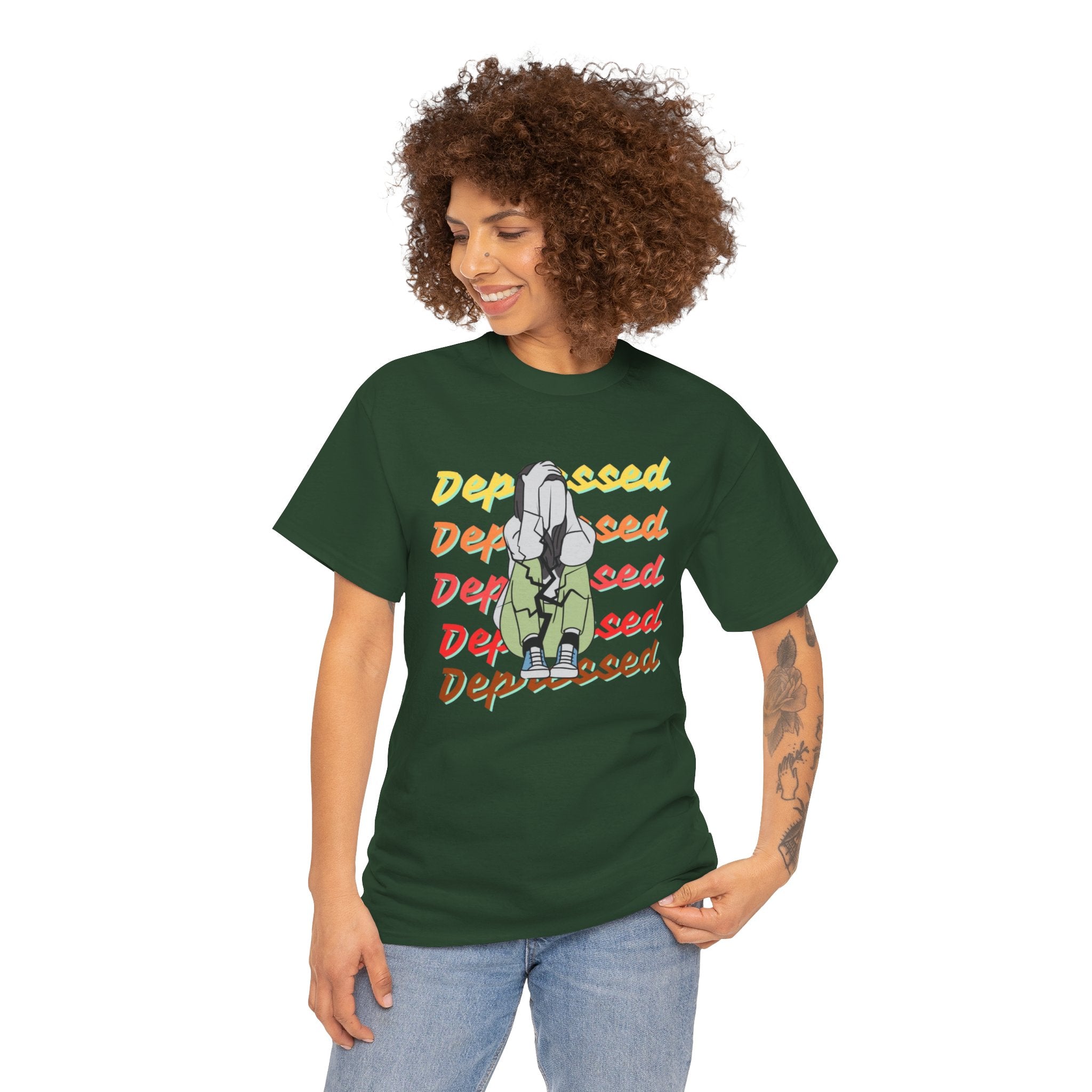 Unisex Heavy Cotton Tee - "Depressed" Graphic Tee for Comfort and Humor, Perfect for Casual Wear, Gifts, Self-Care Forest Green T-Shirt
