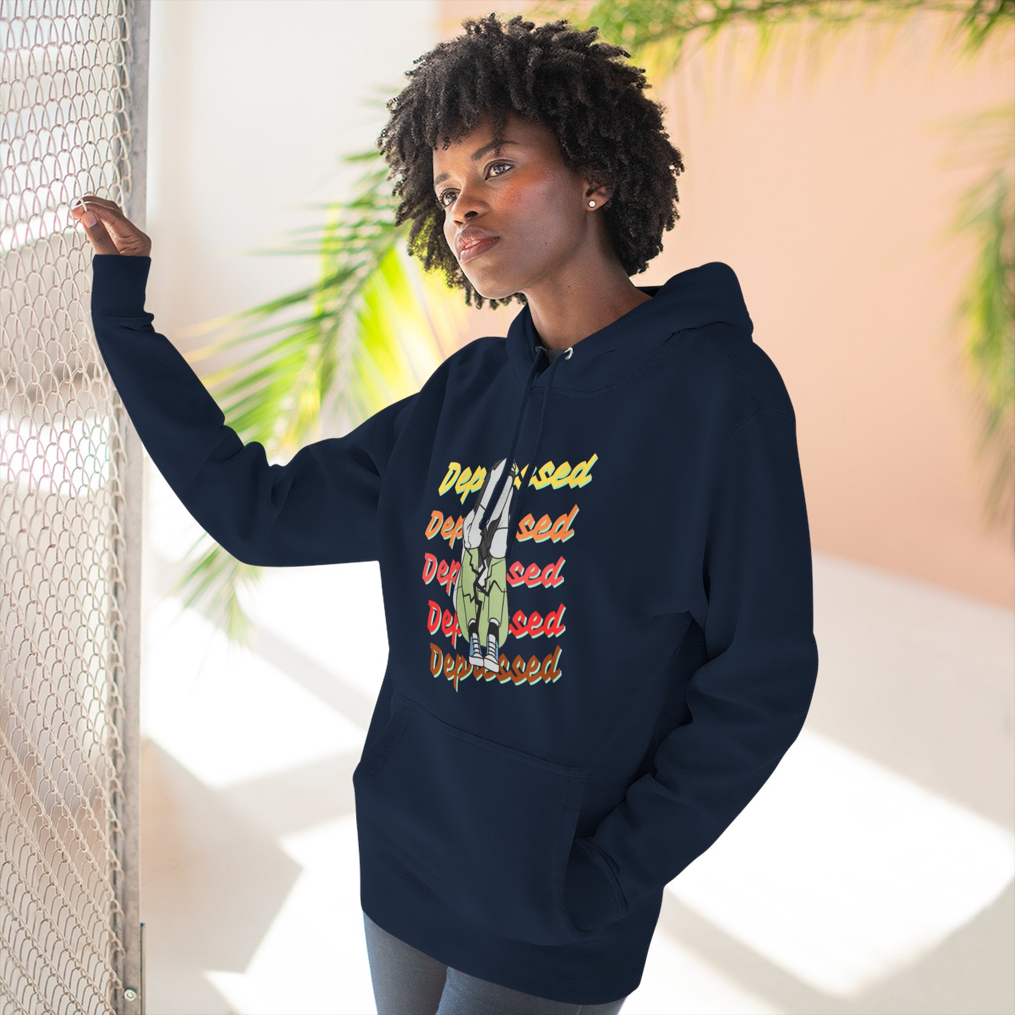 Depressed Vibe Three-Panel Fleece Hoodie, Casual Sweatshirt, Mental Health Awareness, Cozy Lounge Wear, Gift for Friends, Everyday Wear Navy Hoodie